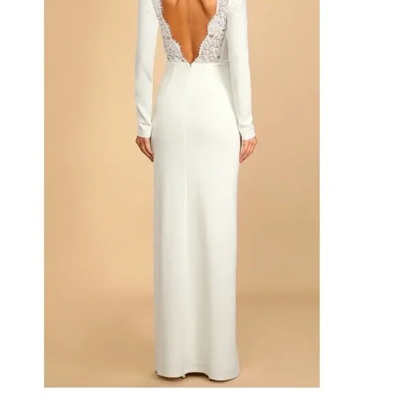 Lulus Romantic White Lace Trim Back Long Sleeve Bridal Wedding Dress Small NWOT - Picture 5 of 8